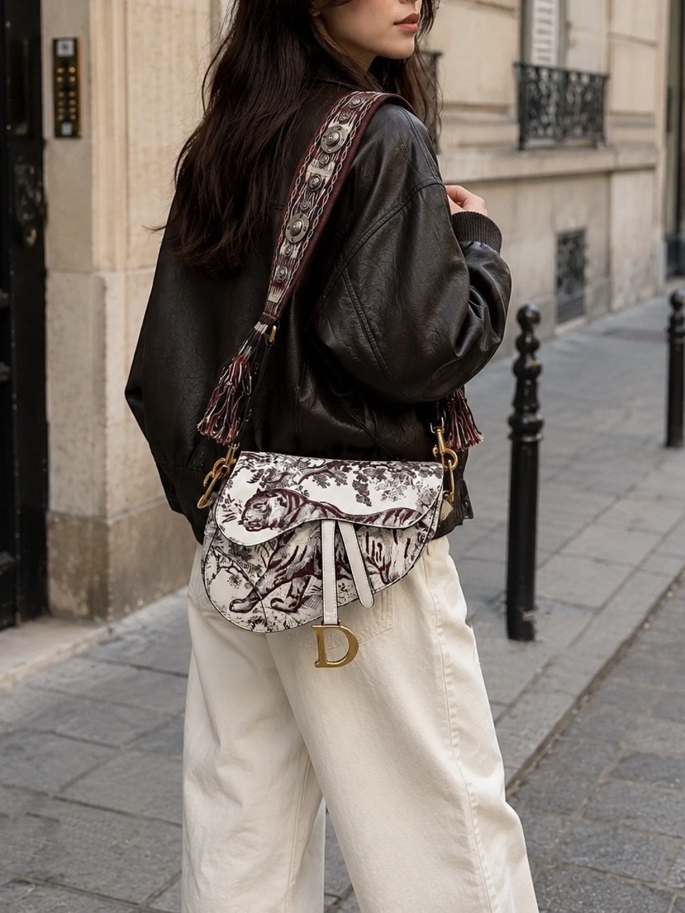 BNIB Dior Toile de Jouy Saddle Bag embroidered tiger motif with tassel strap